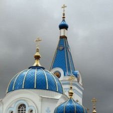The main dome and the tented roof of the steeple of the cathedral of the Righteous Saints Simeon and Anna in Jelgava