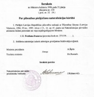 Izraksts par Latvijas pilsonības piešķiršanu naturalizācijas kārtībā Svetlanai  Ivanovai
