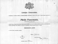 Pāvila Francmaņa diploms par Latvijas Universitātes absolvēšanu